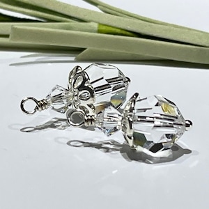 以下が含まれることがあります： シルバーの金属アクセントが付いた、透明なクリスタルのイヤリング2つ。イヤリングは、光を反射するファセット加工された幾何学模様のデザインです。背景には、ぼやけた緑色の植物がある白い表面に置かれています。