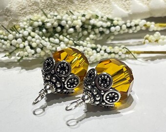 Ciondoli in cristallo Swarovski Topaz: perline in argento Bali, argento sterling, pietra portafortuna di novembre