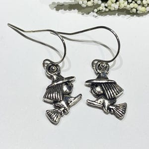 Flying Witch Earrings: Sterling Silver Halloween Dangle Charms