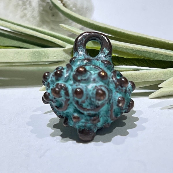 1 Piece - 17x14mm Mykonos Bali Style Charm Pendant-Verdigris Green Patina Greek Cast-Pendant With Loop-Green Patina Spiked Ball Charm Bead