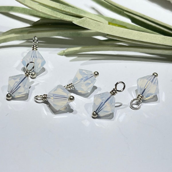 6 Charms - 6mm White Opal Swarovski Crystal Beaded Charm Dangles-Genuine Swarovski Xilion Series 5328 Bicone-Sterling Wire Wrapped Crystals