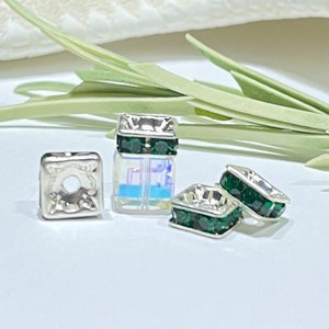 4 Emerald Green Crystal Squaredelle Beads: Silver Plated 8mm Spacers