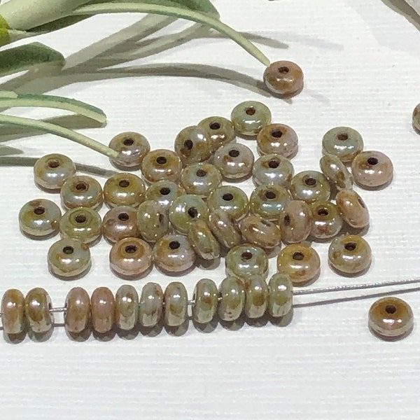 50 Pièce - 4mm Rondelle Perles de verre tchèques-Lustre opaque Vert Marron Lumi Perles-Petite Rondelle Spacer Perles-Vert Lumi-Bijoux Fabrication Fourniture