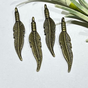 4 Piece - 31x6mm Feather Charm-Antique Bronze Feather Charm Pendant-Double Sided Feather-Detailed Feather-Zamak Quality Casting Metal-Supply