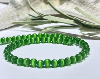 Green Cat Eye Glass Bead Strand - 4mm Round Fiber Optic Beads