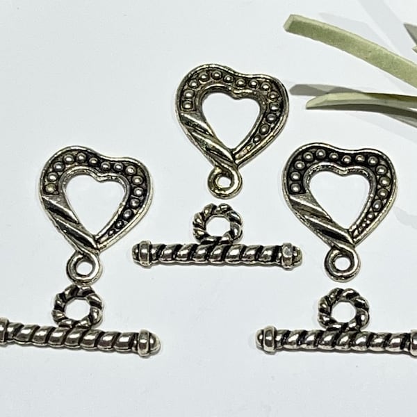 3 Sets - Heart Clasps-Antique Silver Metal Alloy Heart Clasps-Detailed Heart Clasp for Necklace or Bracelet-Findings-Heart Toggle Clasp