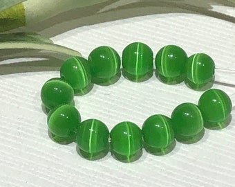 12 Green Fiber Optic Cat Eye Glass Beads - 4mm Round