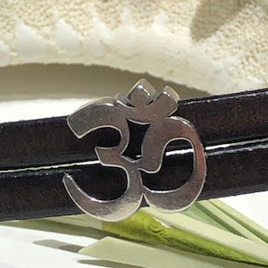 Silver Ohm Symbol Slider Bead: 10mm Flat Leather Cord, Yoga Jewelry