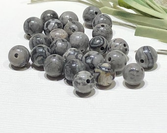 30 Piece - 6mm Natural Scenery Jasper Beads-6mm Round Gray Grey Gemstone Beads-Small Round Jasper Gemstone Beads-Jewelry Making Supplies