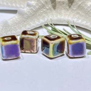 4 Iridescent Brown Ceramic Cube Beads: 12mm Square Jewelry Supplies