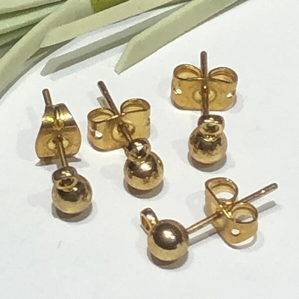 2 Sets - 3mm Ball Post Earrings-Gold Plated Brass Ball Post Earrings With Loop and Backings-Earring Findings-Jewelry Making Supplies