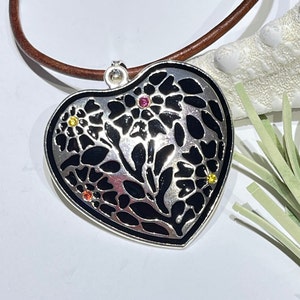 Silver Enameled Heart Pendant: Rhinestone Embellished, 50mm