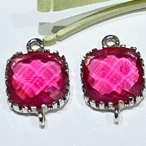 2 Piece - Connector Charms-Pink Rhodium Plated Brass Square Connectors-Faceted Glass Connectors-Earring Connectors-Connector Charms