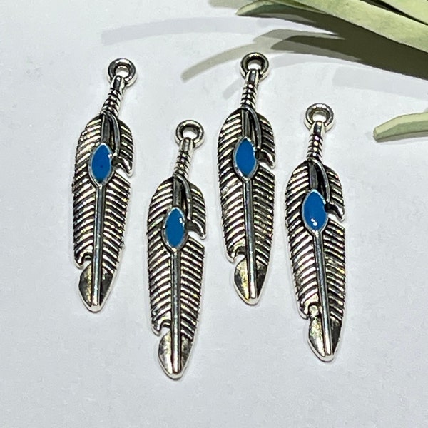 4 Piece - 27x6mm Feather Charm-Antique Silver Feather Charm Pendant With Enameled Turquoise-Metal Alloy Silver and Turquoise-Jewelry Supply