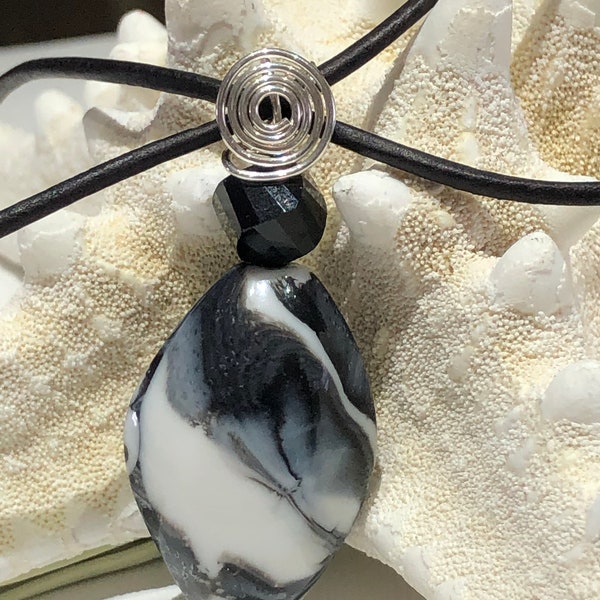 Pendant-Black and White Wire Wrapped Pendant-Swirling Acrylic Bead Custom Wire Wrapped Built in Bail-Coiled Wrapped Pendant-Necklace Supply