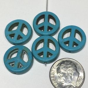 5 Piece - 15mm Dyed Turquoise Howlite Peace Sign Beads-Synthetic Gemstone-Mini Sign of Peace Pendant Earring Beads-70s Peace Sign Beads