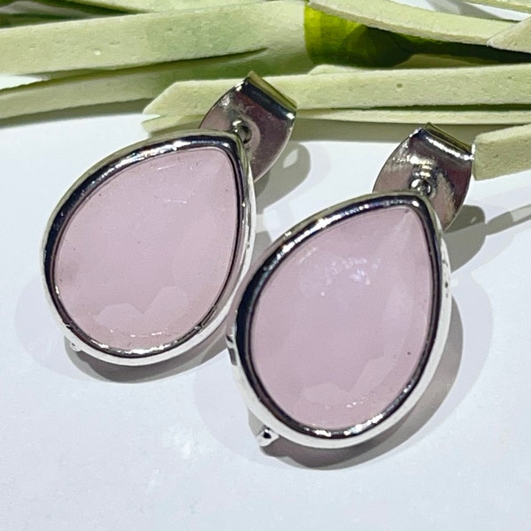 1 Pair - Ice Pink Stud Earring Connector- Ice Pink Rhodium Plated Faceted Teardrop Post Earring Connector-Faceted Soft Pink Earring Bezel