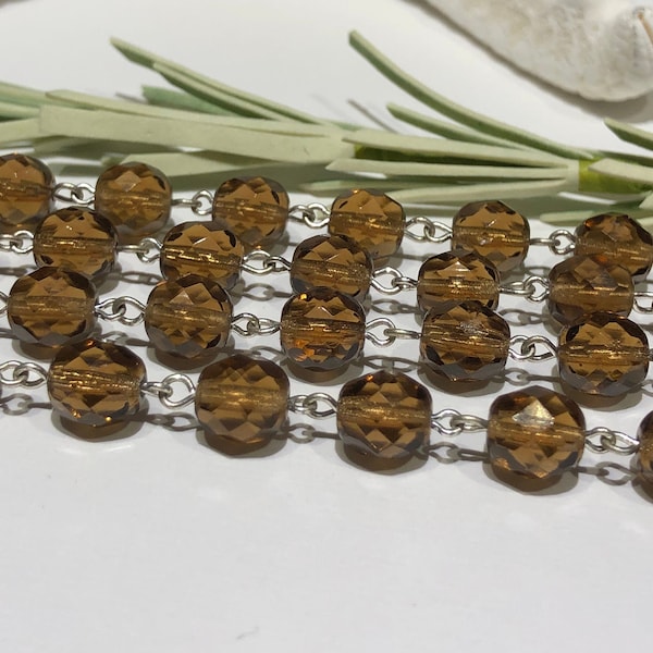 3 Feet - 8mm Smokey Topaz Czech Glass Link Chain-Faceted Round Dark Topaz Faceted Beads On Silver Links-Beaded Rosary Chain-Necklace Chain