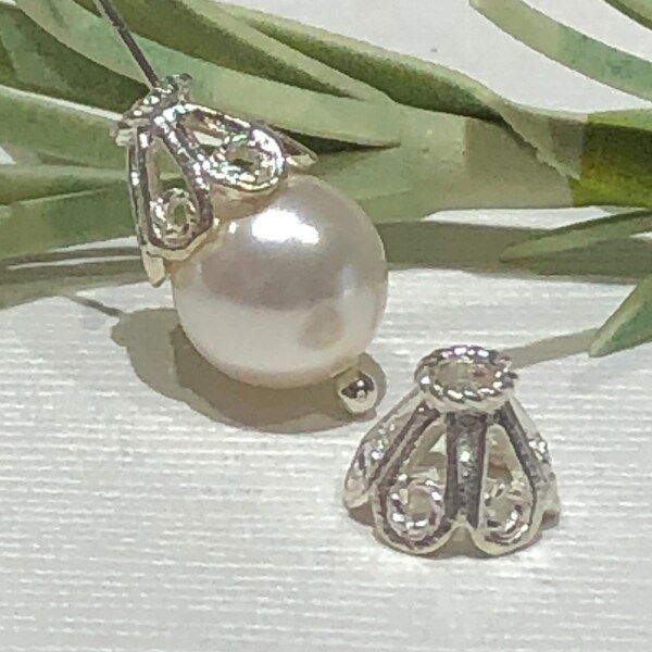 2 Piece - 6x8mm Bead Caps-Sterling Silver Coned Bead Cap-2mm Inside Diameter Hole-Findings-Open Filigree Cone Shaped Bead Cap-Brite Finish