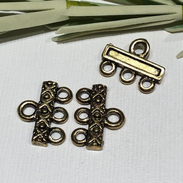 1 Set - End Bars-Antique Gold Finish Pewter-Zinc Based Alloy-14x3mm Single Sided Bracelet Connectors-Rectangle With "X" and Dots-3-Loops