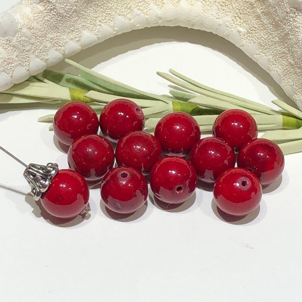 12 Piece - 10mm Cherry Red Glass Beads-Bright Red Round Beads-Glossy Red Beads With Black Mottled Specks-True Red Beads-Jewelry Supplies