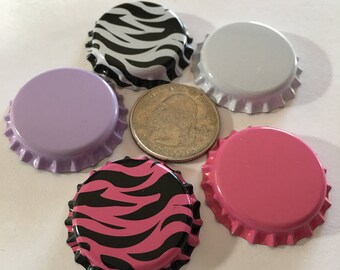 5 - Bottle Caps-Variety Mixed Colored Pack-Hot Pink Black White Zebra Print-Solid Hot Pink White Lavender Purple-Hair Bow Crafting-Pendants