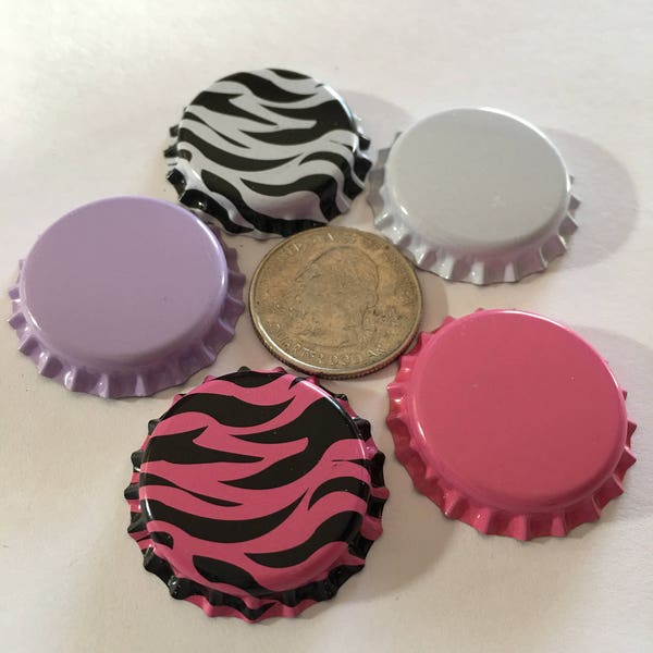 5 - Bottle Caps-Variety Mixed Colored Pack-Hot Pink Black White Zebra Print-Solid Hot Pink White Lavender Purple-Hair Bow Crafting-Pendants