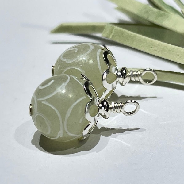 2 Charms - Carved Swirls on Ivory Agate-Wire Wrapped Agate Charms-Wrapped Beaded Charms-Ivory and Silver Beaded Charm Dangles-DIY Jewelry