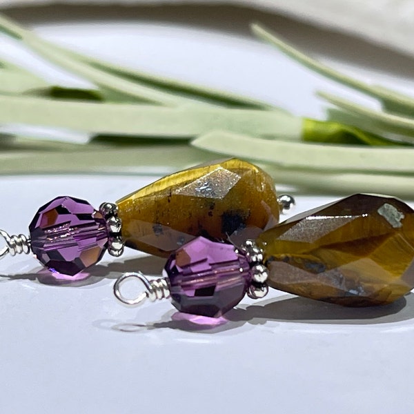 2 Charms - Brown Tigereye Faceted Teardrop Beaded Charms With Amethyst Purple Crystals-Gemstone Charms-Charms for Ear Wires-Earring Charms