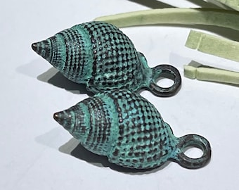 Verdigris Conch Shell Charm Pendants: Mykonos Green Patina Beads (20x10mm, Set of 2)