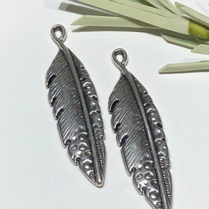 Silver Feather Charm Pendants: Zamak Greek Casting, Jewelry Making (45x12mm)