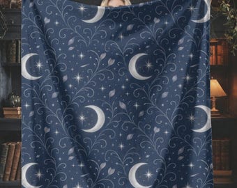 Navy Blue Celestial Throw Blanket for Home Decor | Soft Fantasy Blanket for Reading Nooks