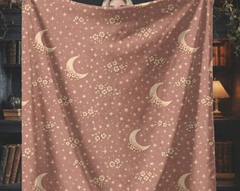 Celestial Moon Floral Plush Blanket | Cottagecore Witchy Reading Nook Decor