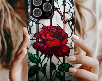 Enchanted Rose Stained Glass Cell Phone Case | Romantic Red Rose Phone Cover | Gothic Floral Art Protective Case | Fairy Tale Gift for Her