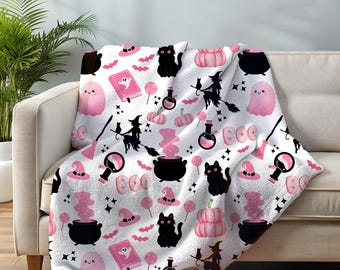 Soft Halloween Pink and Black Velveteen Blanket for Spooky Season | Cozy Reading Blanket for the Couch | Halloween Home Decor | Gift for Her