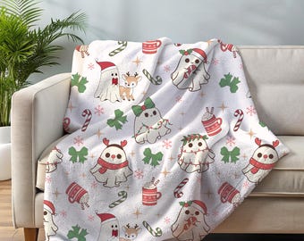 Kawaii Holiday Ghost Throw Blanket | Red & Green Spooky Cute Lightweight Blanket