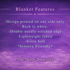 May include: A purple graphic with the text "Blanket Features" and bullet points describing the blanket's design, including a double needle-stitched edge, lightweight fabric, and extra soft material. The text "The Nerdy Introvert" is at the bottom.