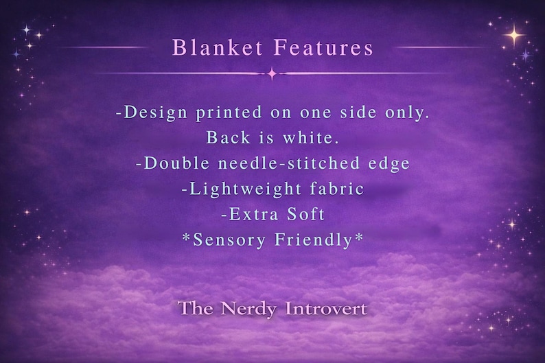 May include: A purple graphic with the text "Blanket Features" and bullet points describing the blanket's design, including a double needle-stitched edge, lightweight fabric, and extra soft material. The text "The Nerdy Introvert" is at the bottom.