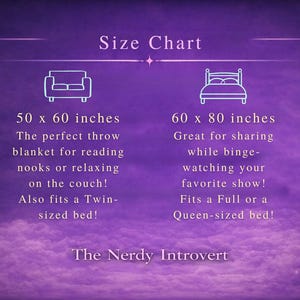 May include: A purple graphic with a size chart for throw blankets. The chart shows two sizes: 127 x 152 cm and 152 x 203 cm. Text includes "The Nerdy Introvert".