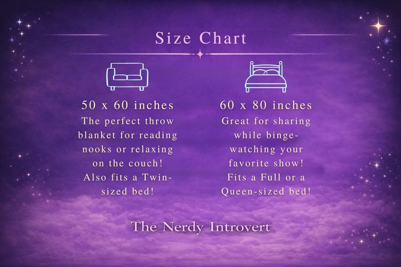 May include: A purple graphic with a size chart for throw blankets. The chart shows two sizes: 50 x 60 inches and 60 x 80 inches. Text includes "The Nerdy Introvert".