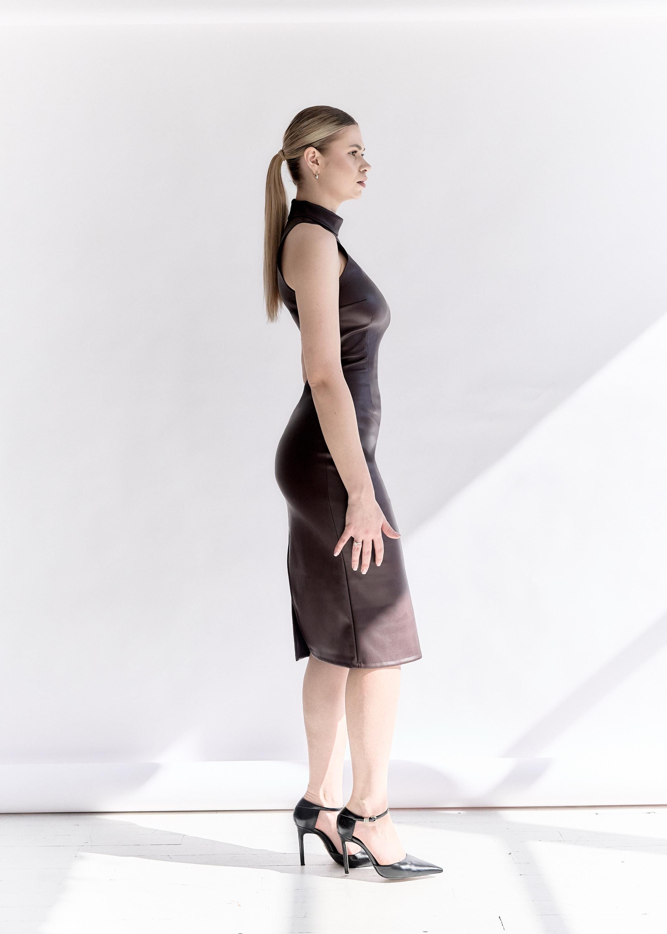 Burgundy Vegan Leather Bodycon Midi Dress | High Neck Sleeveless
