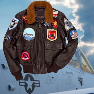 Handmade Bomber Leather Jacket Vintage Military Jacket with Embroidered Patches birthday gift for him