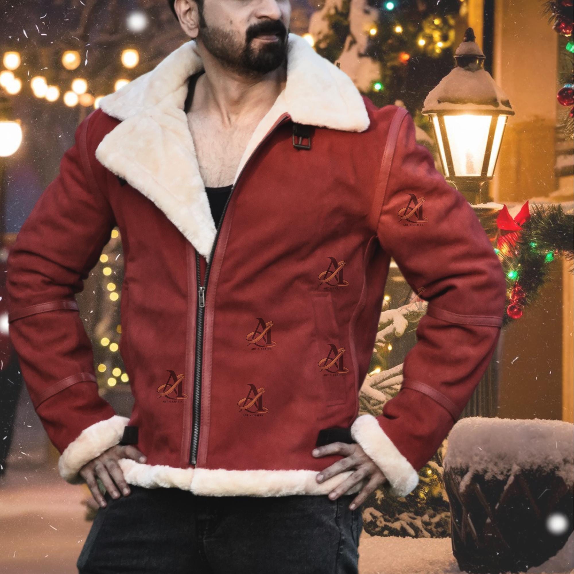 Christmas Spirited Red Jacket Handmade Shearling Red Jacket Santa Red Suede Jacket