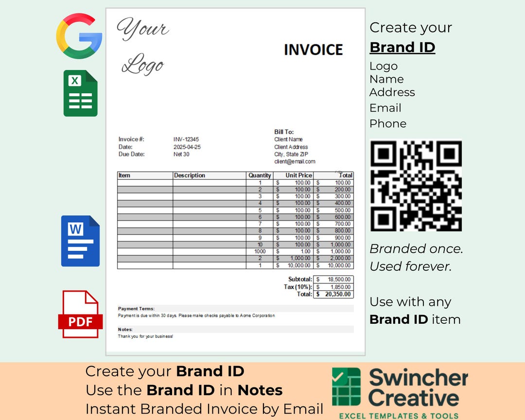 Professional Excel Invoice Template | Branded With Your Logo | Reusable ...