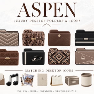 May include: A collection of digital desktop folders and icons labelled ASPEN LUXURY DESKTOP FOLDERS & ICONS. The set includes eight folder designs in brown, black, and beige with quilted, patterned, and mountain-themed graphics, plus matching icons.
