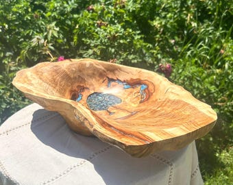 Hand Carved Maple Live Edge Bowl with Blue Epoxy Rocks Inlay