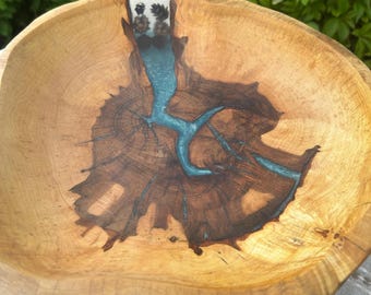 Hand-Carved Live Edge Maple Bowl with Deep Sea Green Epoxy & Pinecone Inlay