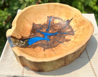 Hand Carved Maple Live Edge Bowl with Blue Epoxy and Stones