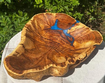 Hand Carved Maple Burl Bowl | Blue Epoxy Inlay, Live Edge Serving Bowl