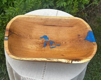 One-of-a-Kind Hand Carved Great Lakes Oak Bowl with blue epoxy inlay